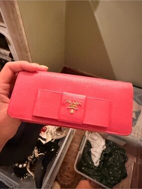 Prada Coral Pink Saffiano Bow Continental Wallet